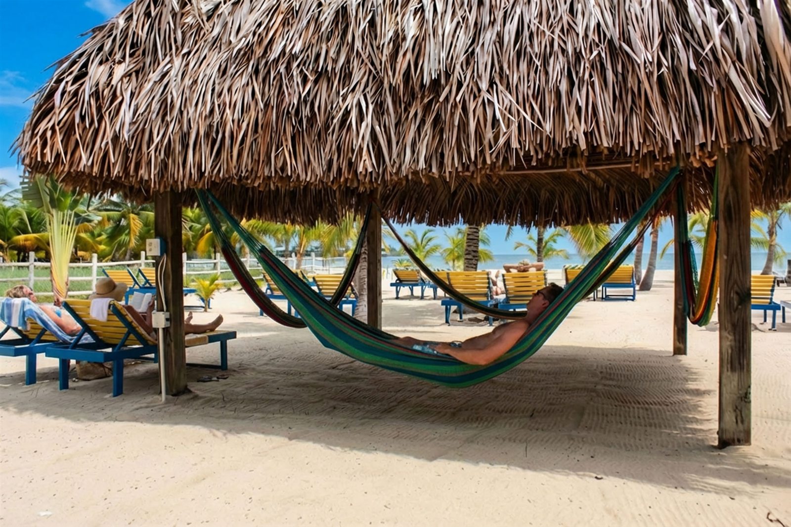 Guests resting in hammocks beneath a beach palapa